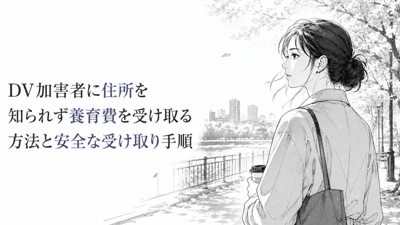 住所を伏せて養育費を受け取る不安を抱えながら、川沿いで静かに先を見つめる女性の線画イラスト