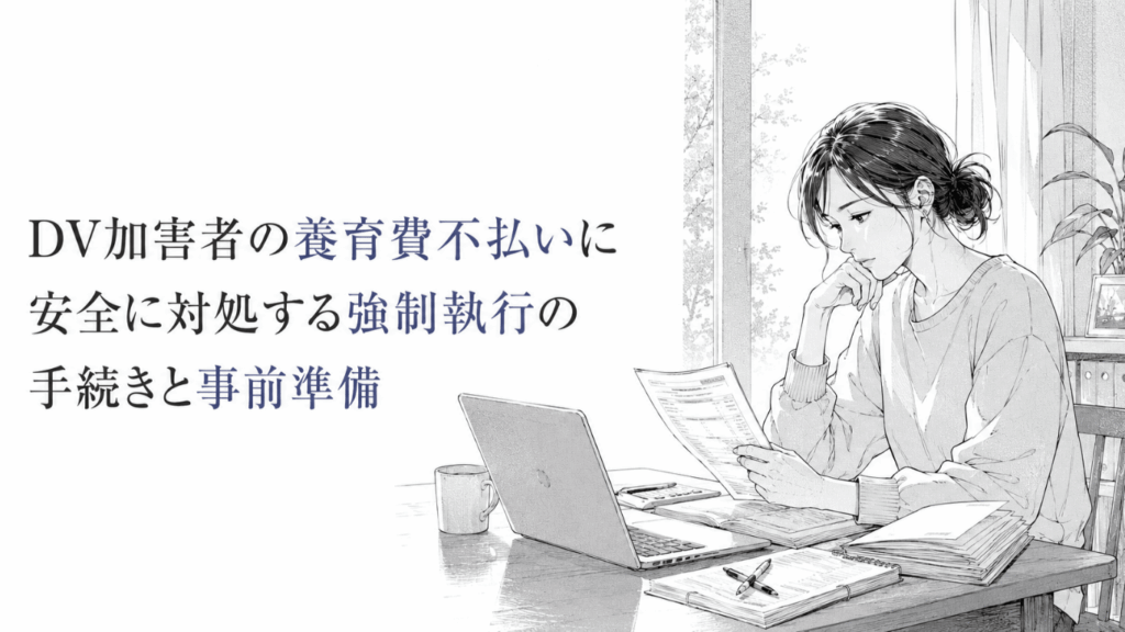 養育費の不払いに備え、室内の机で書類を確認しながら強制執行の準備を進める女性の線画イラスト