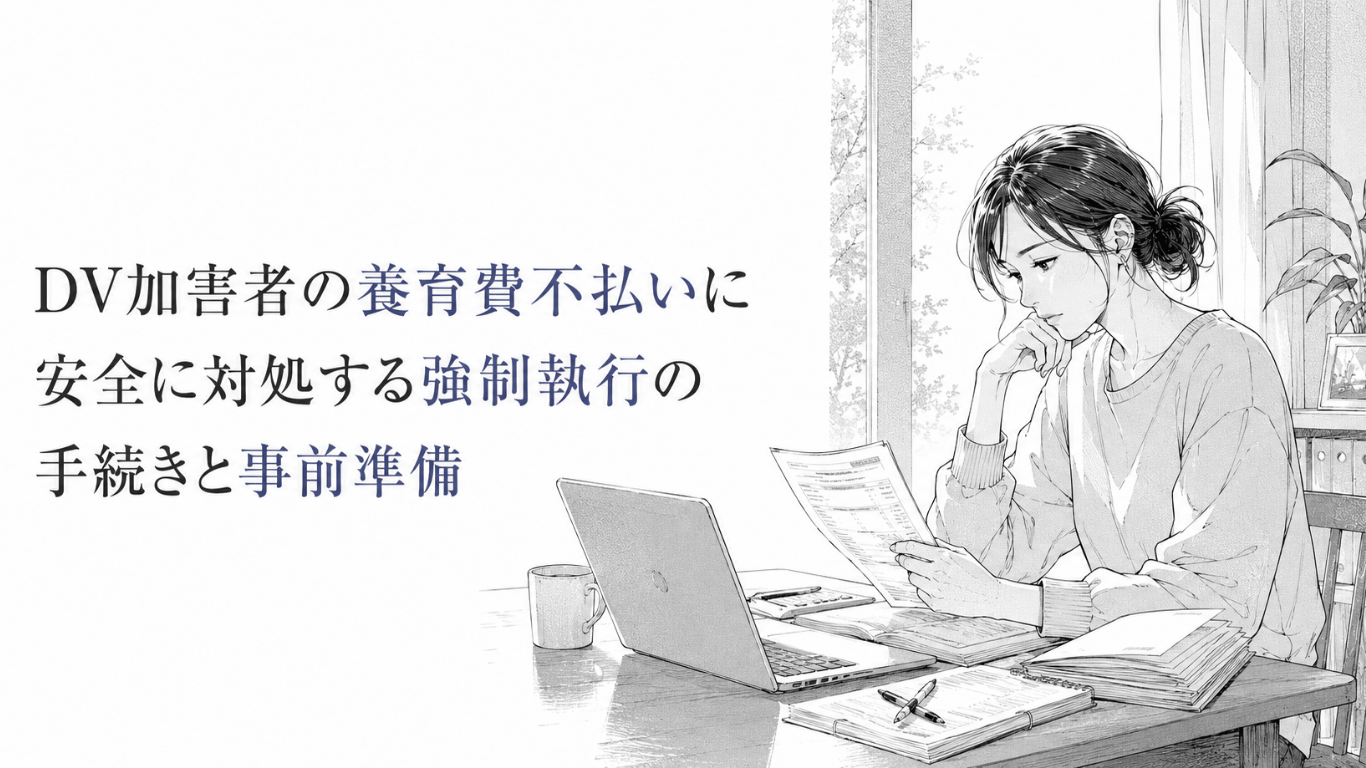 養育費の不払いに備え、室内の机で書類を確認しながら強制執行の準備を進める女性の線画イラスト