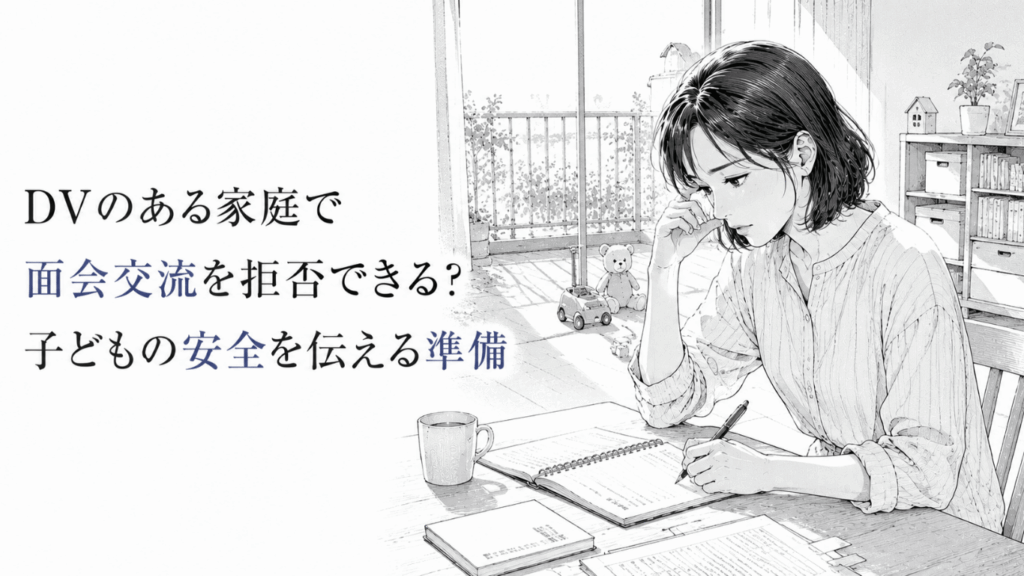 子どもの安全を守るため、面会交流への対応を室内で整理しながら記録をつける女性の線画イラスト
