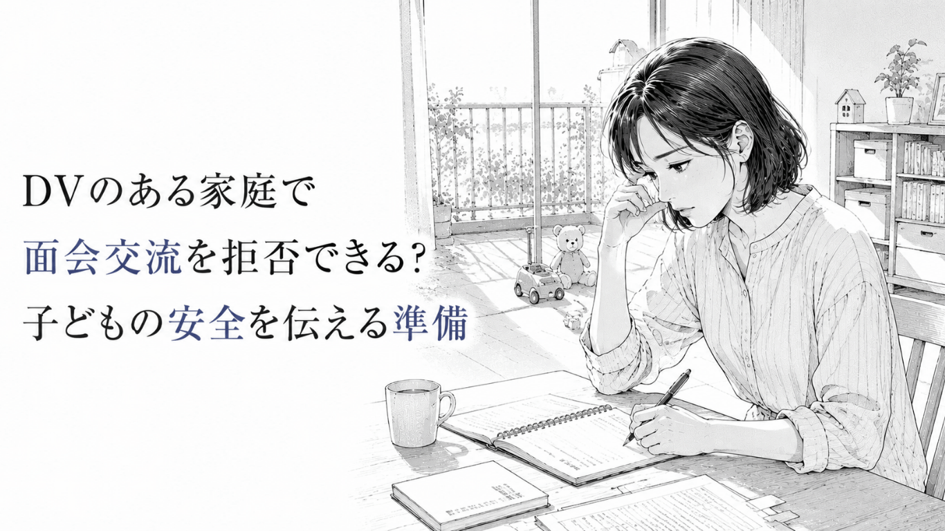 子どもの安全を守るため、面会交流への対応を室内で整理しながら記録をつける女性の線画イラスト