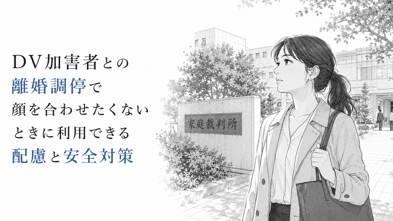 家庭裁判所の前で、安全に離婚調停を進める決意を固める女性を描いたモノクロ線画イラスト