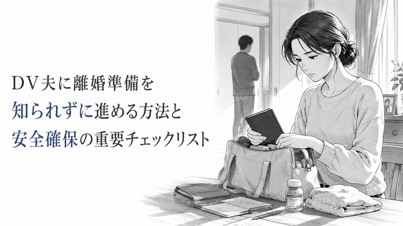 離婚準備の荷物を静かにまとめる女性と、離れた場所に立つ夫を描いた緊張感のあるモノクロ線画