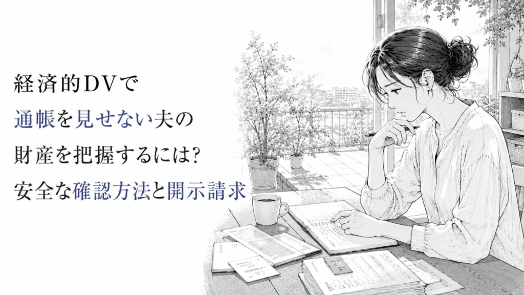 経済的DVの状況で、通帳や財産情報を確認するため書類を整理しながら安全な方法を考える女性の線画イラスト