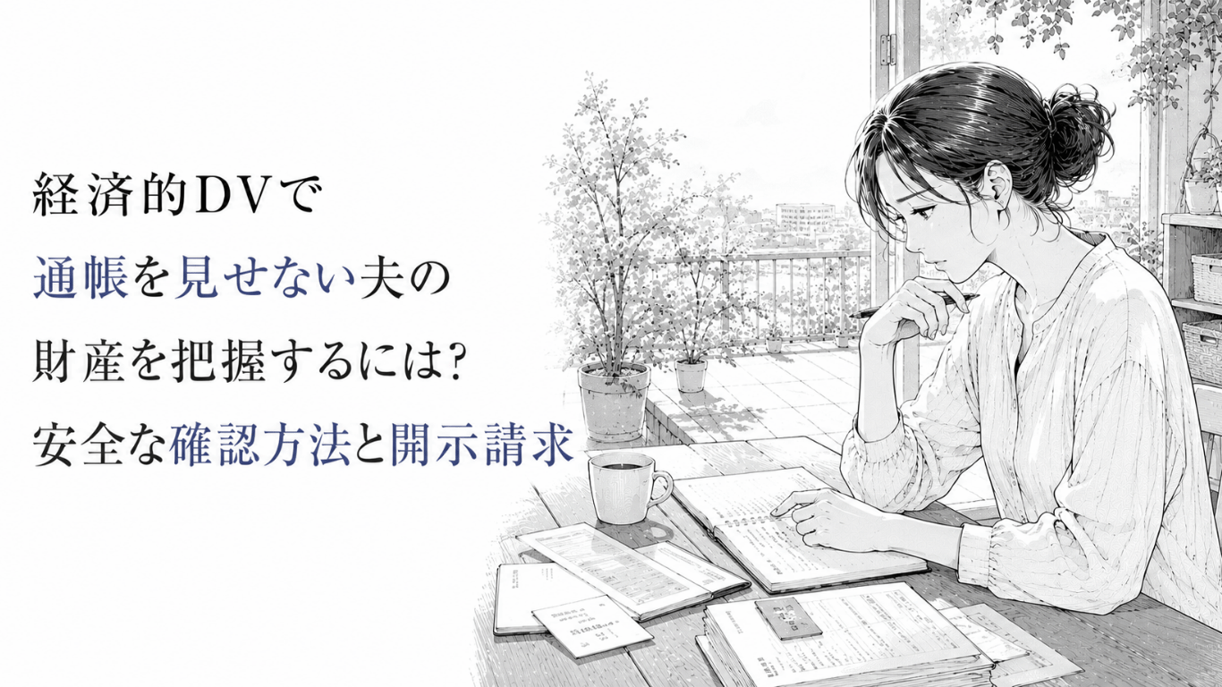 経済的DVの状況で、通帳や財産情報を確認するため書類を整理しながら安全な方法を考える女性の線画イラスト