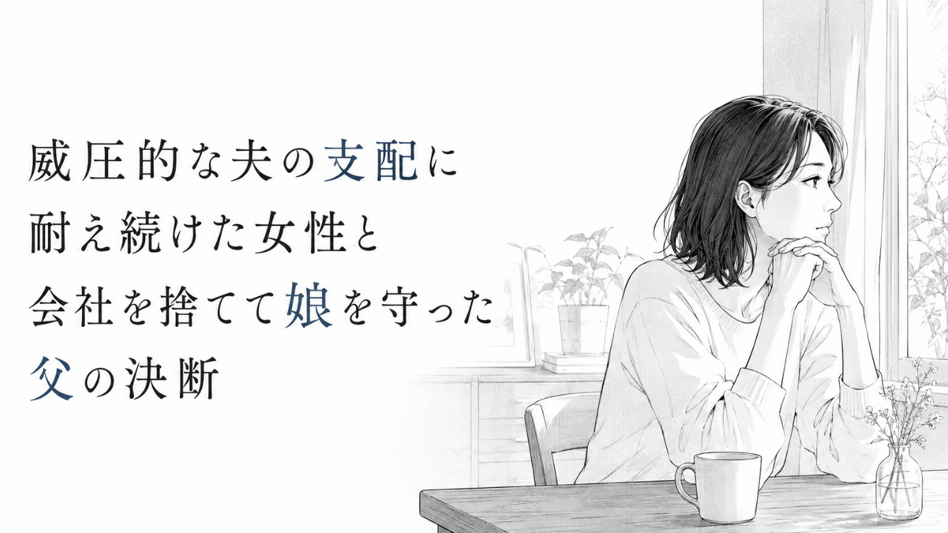 威圧的な夫との生活を離れ、父の支えを得て再出発を決意した女性が静かに窓辺を見つめる場面