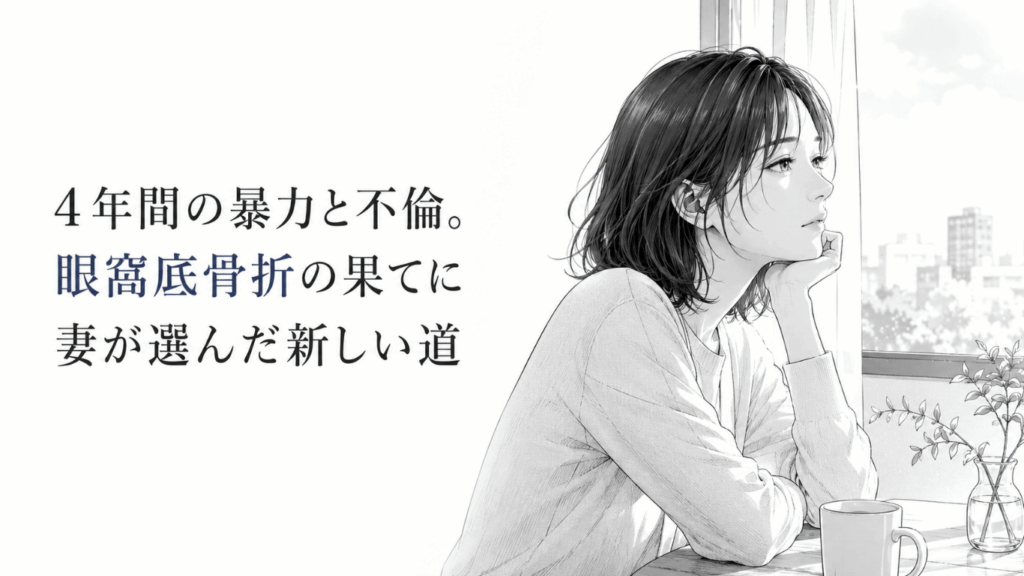 窓辺のテーブルで静かに外を見つめる女性。長い支配を離れ、新しい人生へ踏み出す決意をにじませている。