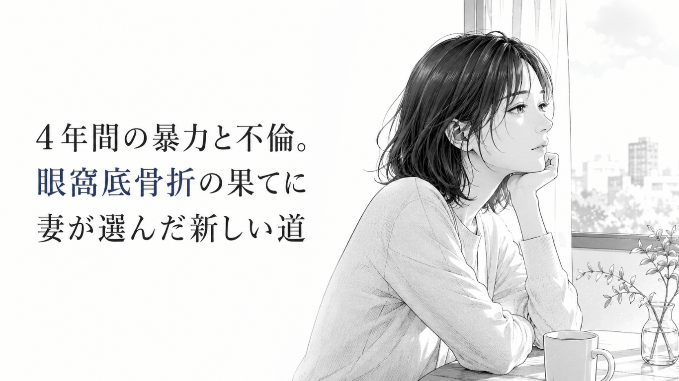 窓辺のテーブルで静かに外を見つめる女性。長い支配を離れ、新しい人生へ踏み出す決意をにじませている。