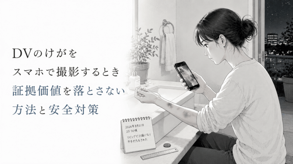 洗面台の前で腕のけがをスマートフォンで撮影し、安全に証拠を残そうとする女性