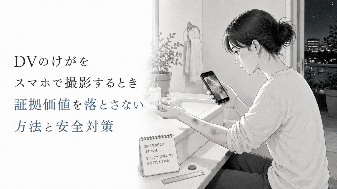 洗面台の前で腕のけがをスマートフォンで撮影し、安全に証拠を残そうとする女性