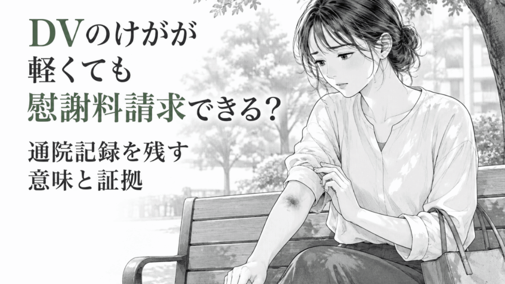 公園のベンチで腕のあざに触れながら、不安を抱えつつ静かに今後を考える女性のモノクロ線画イラスト