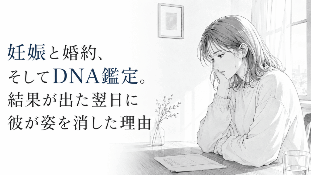 DNA鑑定の書類を前に、窓辺でうつむきながら静かに決意を固める女性のモノクロ線画