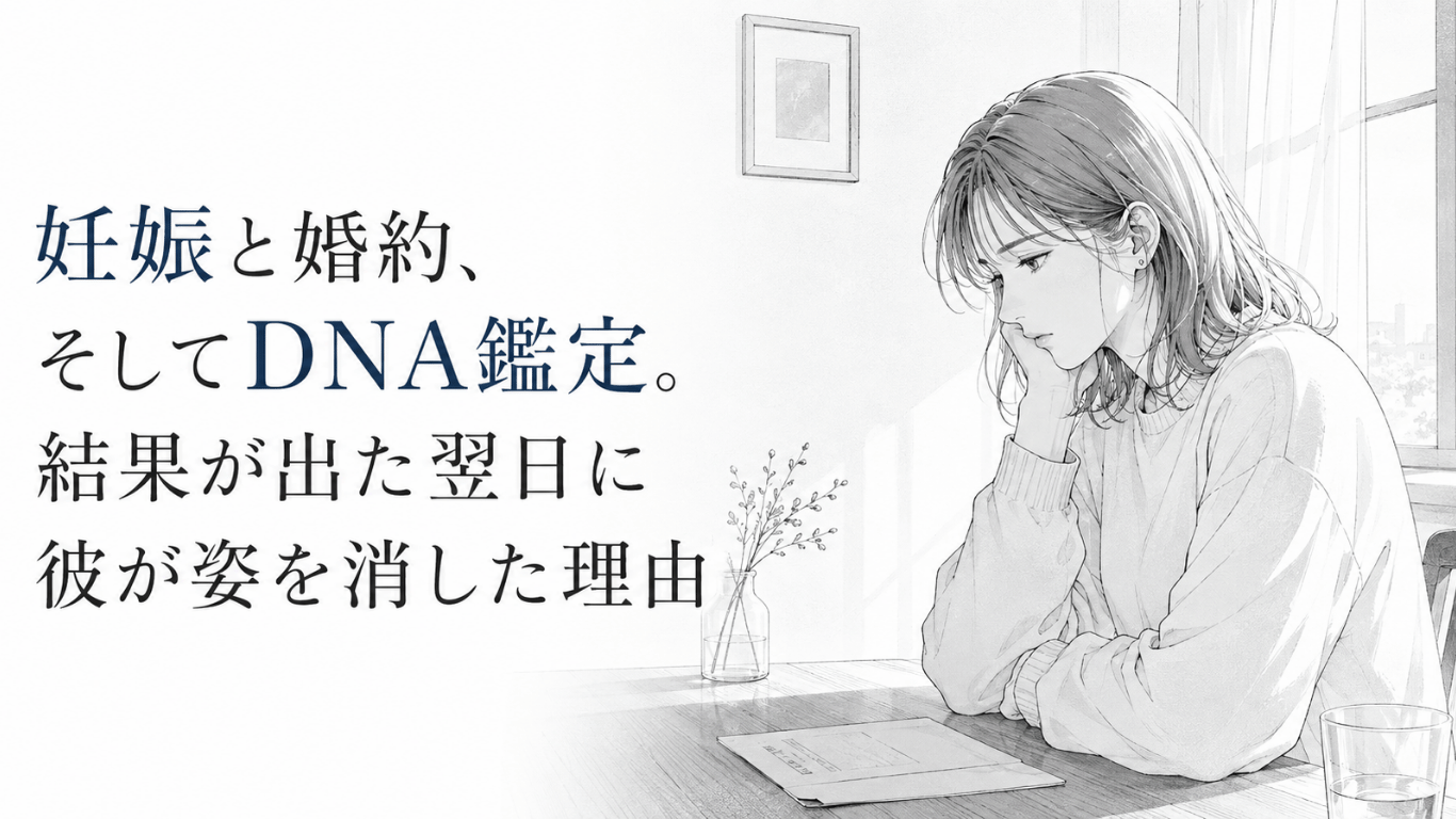 DNA鑑定の書類を前に、窓辺でうつむきながら静かに決意を固める女性のモノクロ線画