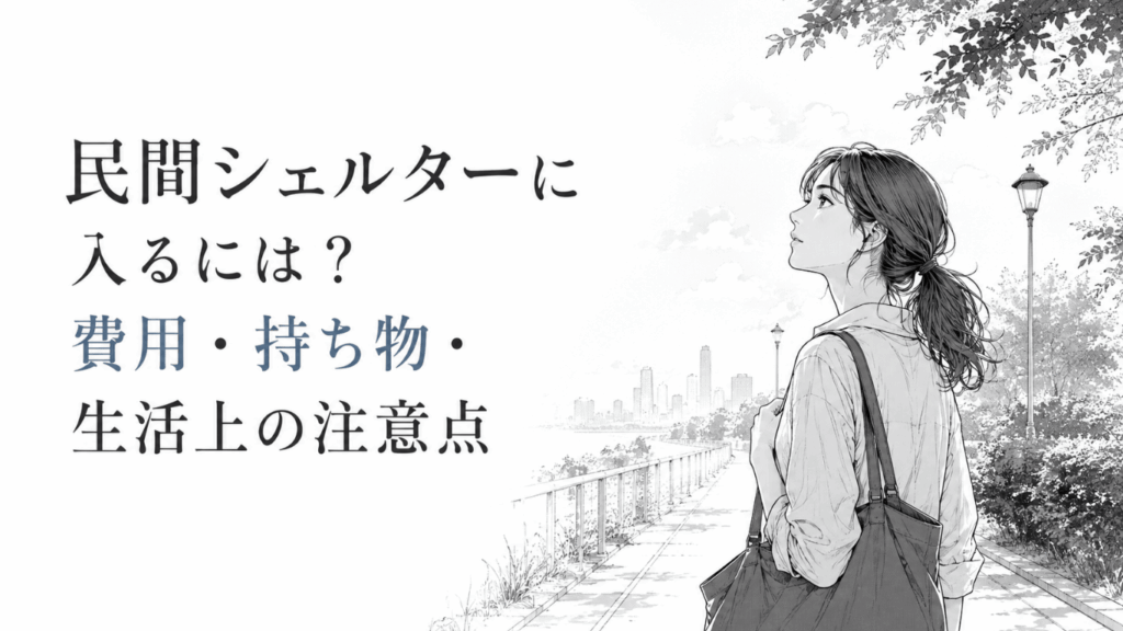木立のある屋外の遊歩道で、バッグを肩に掛け静かに前を見つめる女性を描いたモノクロ線画。