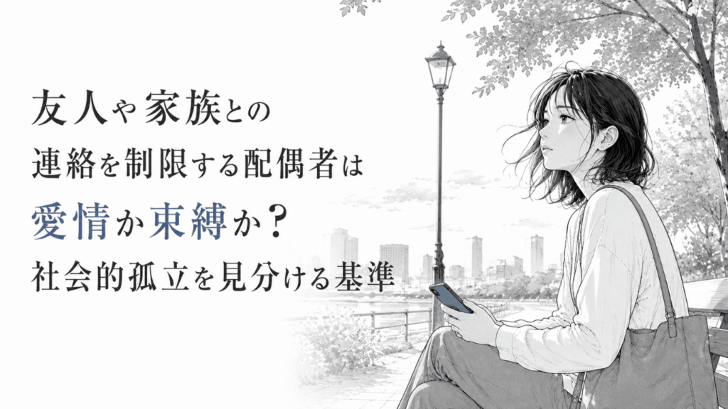 公園のベンチでスマートフォンを手に、周囲とのつながりを思い返すように静かに遠くを見つめる女性