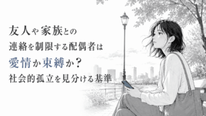 公園のベンチでスマートフォンを手に、周囲とのつながりを思い返すように静かに遠くを見つめる女性