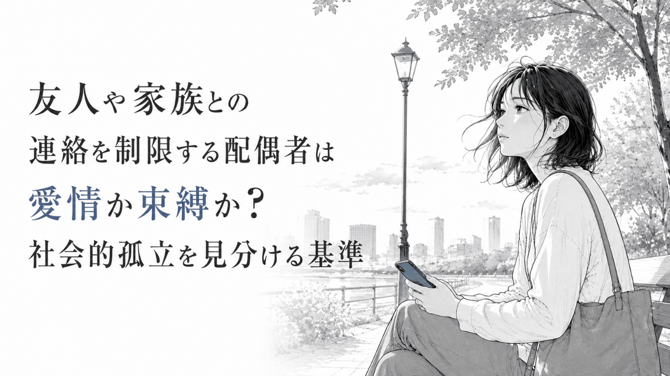 公園のベンチでスマートフォンを手に、周囲とのつながりを思い返すように静かに遠くを見つめる女性