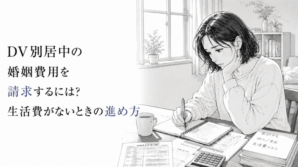 DV別居後の生活費を確保するため、室内で婚姻費用や収支の書類を整理しながら申立て準備を進める女性の線画イラスト