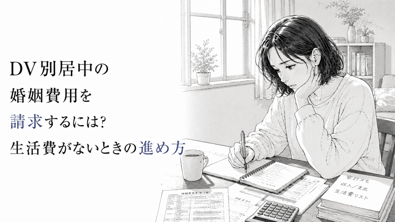 DV別居後の生活費を確保するため、室内で婚姻費用や収支の書類を整理しながら申立て準備を進める女性の線画イラスト