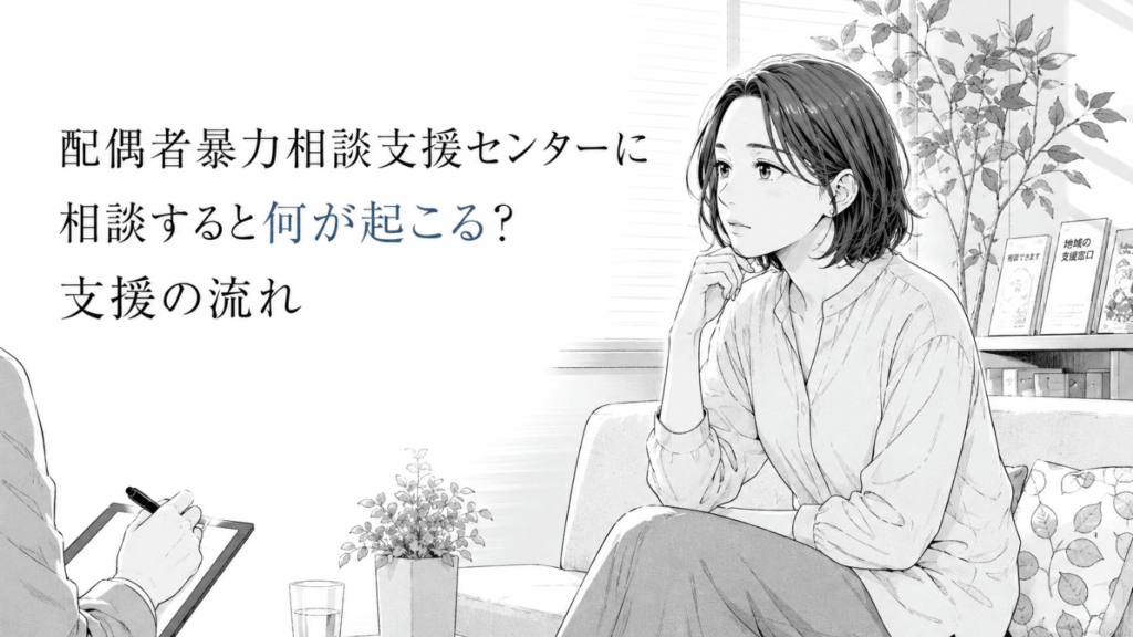 配偶者暴力相談支援センターの面談室で、相談員と向き合いながら今後の支援について話を聞く女性のモノクロ線画