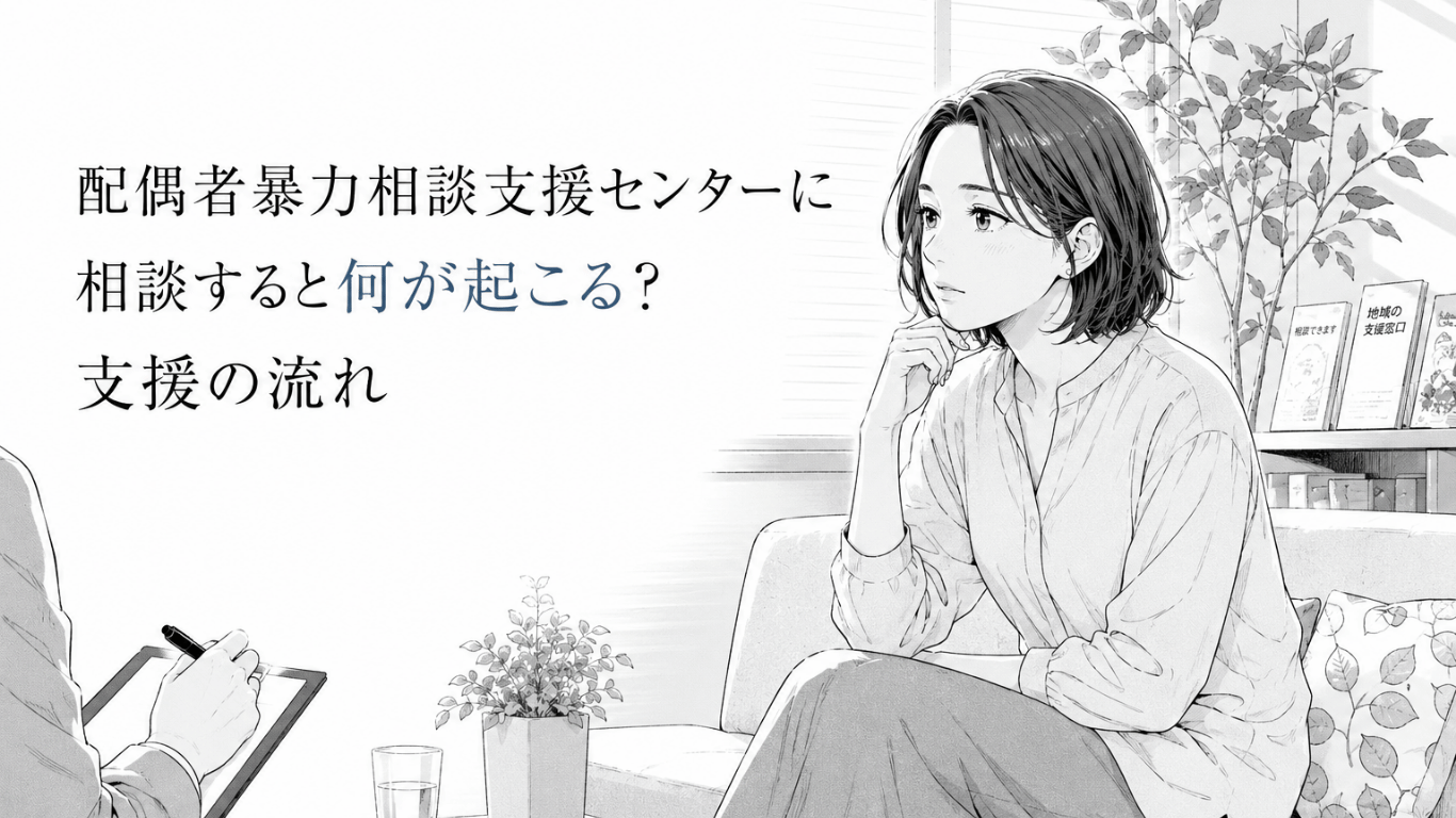 配偶者暴力相談支援センターの面談室で、相談員と向き合いながら今後の支援について話を聞く女性のモノクロ線画