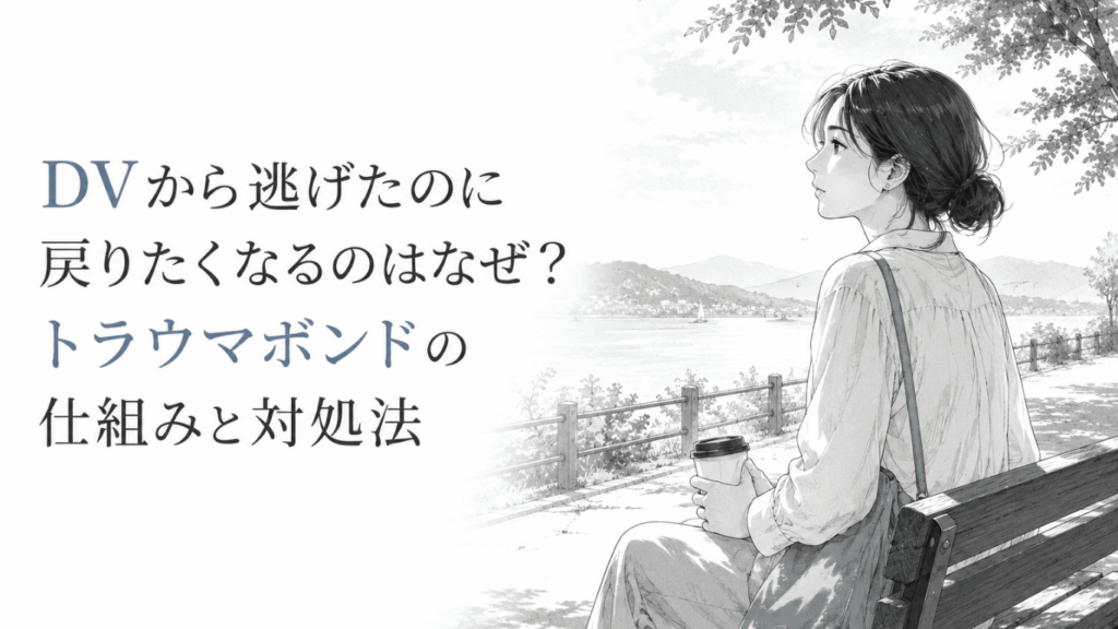 水辺のベンチで飲み物を手に遠くを見つめる女性。迷いを抱えながら安全な生活と回復へ向かう静かな場面。