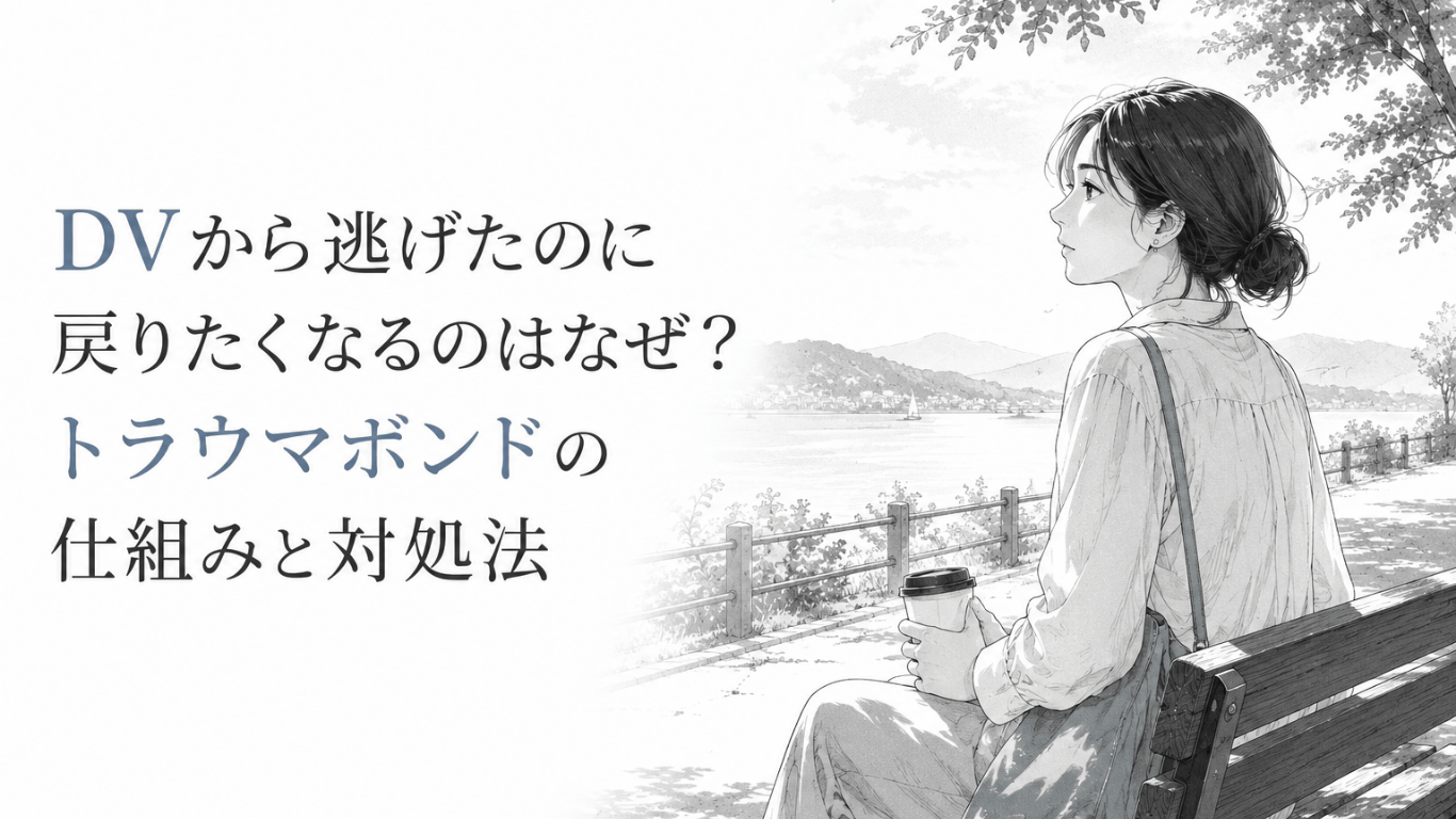 水辺のベンチで飲み物を手に遠くを見つめる女性。迷いを抱えながら安全な生活と回復へ向かう静かな場面。