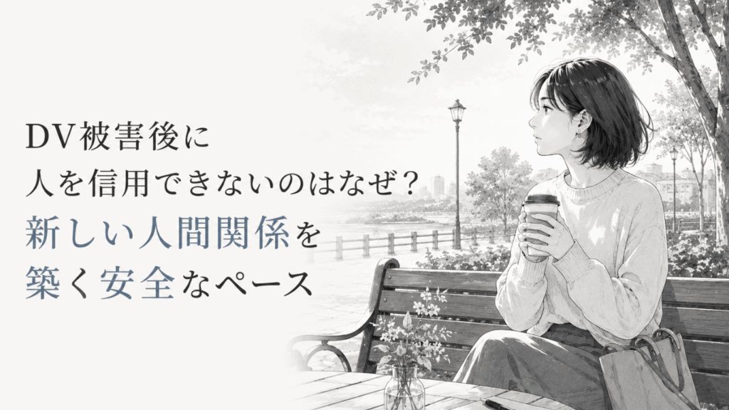 水辺の公園で飲み物を手に周囲を静かに見つめる女性。人との距離を慎重に確かめる様子を描いた場面。