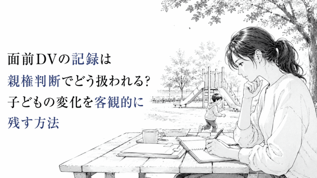 公園で子どもの様子を見守りながら、面前DVによる変化をノートに記録する女性の線画イラスト
