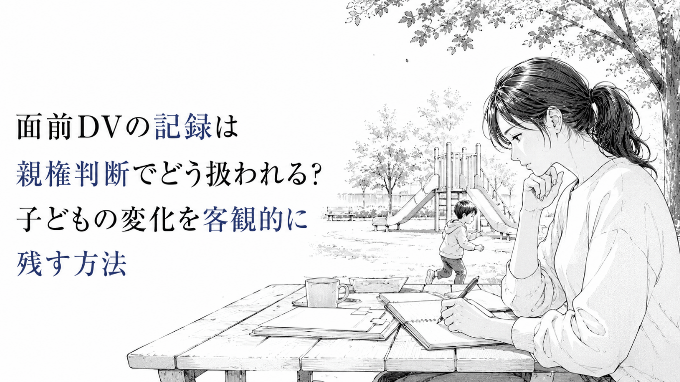 公園で子どもの様子を見守りながら、面前DVによる変化をノートに記録する女性の線画イラスト