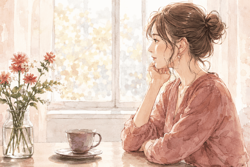 花瓶とカップが置かれた窓辺で、物思いにふける女性の水彩イラスト