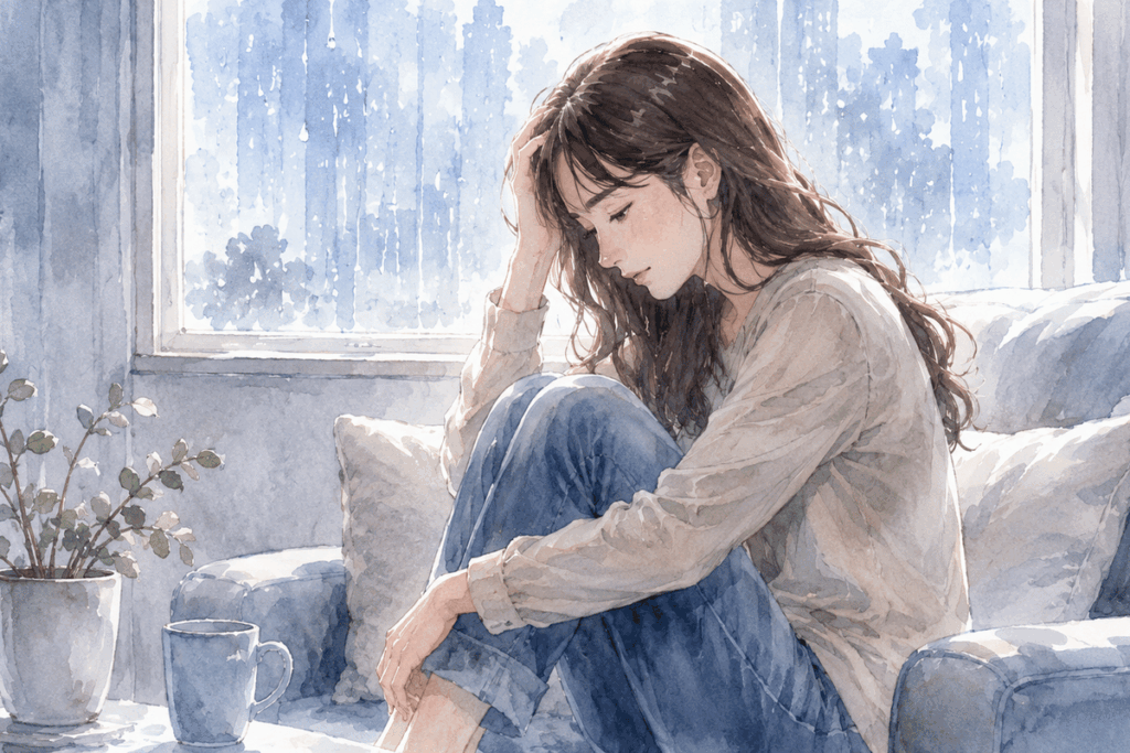 雨の降る窓辺のソファで、膝を抱えてうつむく女性の水彩イラスト