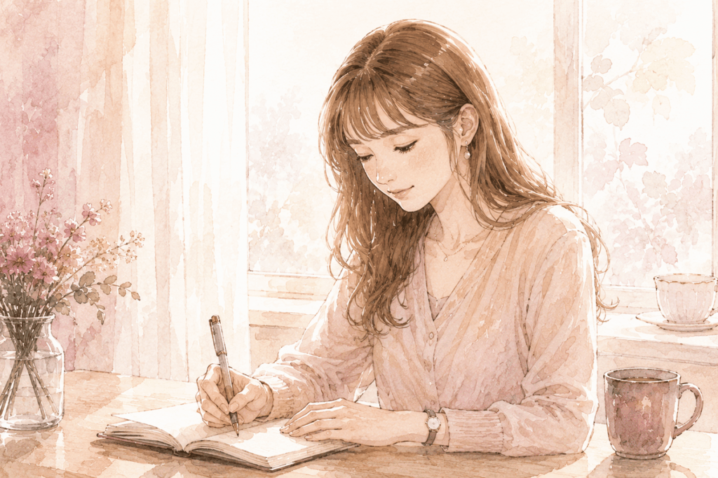 花の飾られた明るい窓辺で、ノートに気持ちを書き留める女性の水彩イラスト