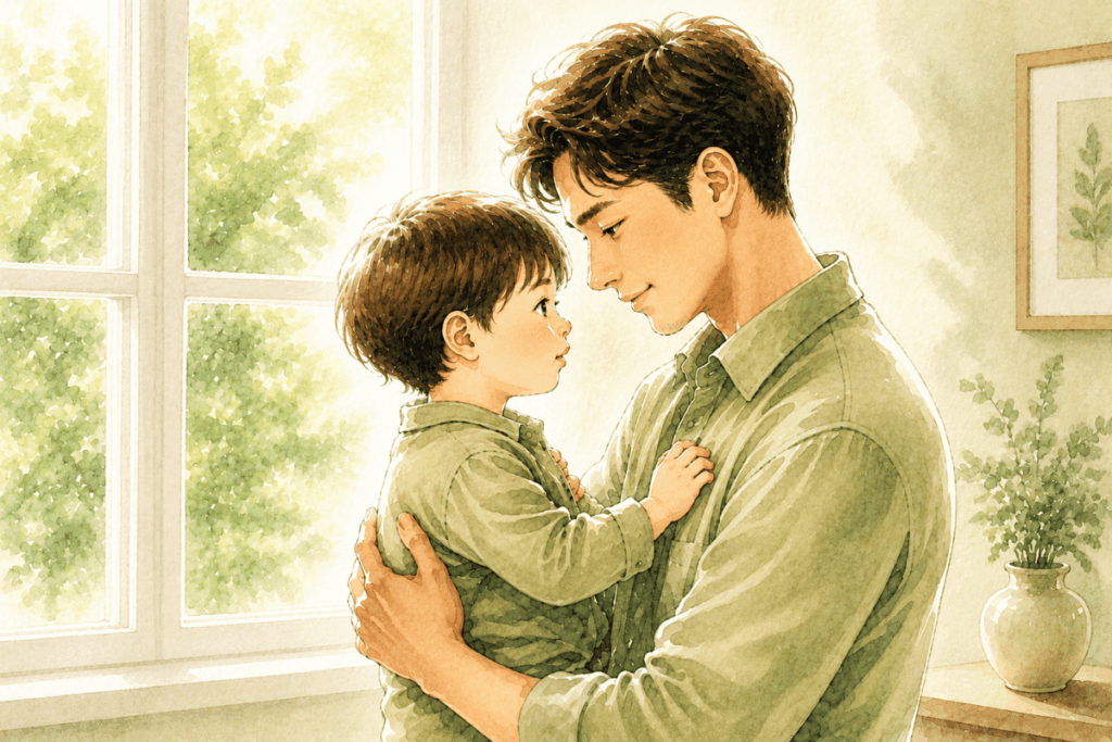 明るい窓辺で幼い子どもを抱き、見つめ合う父親の水彩イラスト