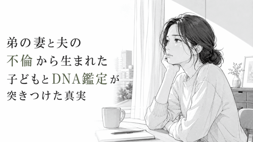 窓辺のテーブルで物思いに沈む女性を描いた、裏切りとDNA鑑定の真実を象徴するモノクロ漫画イラスト