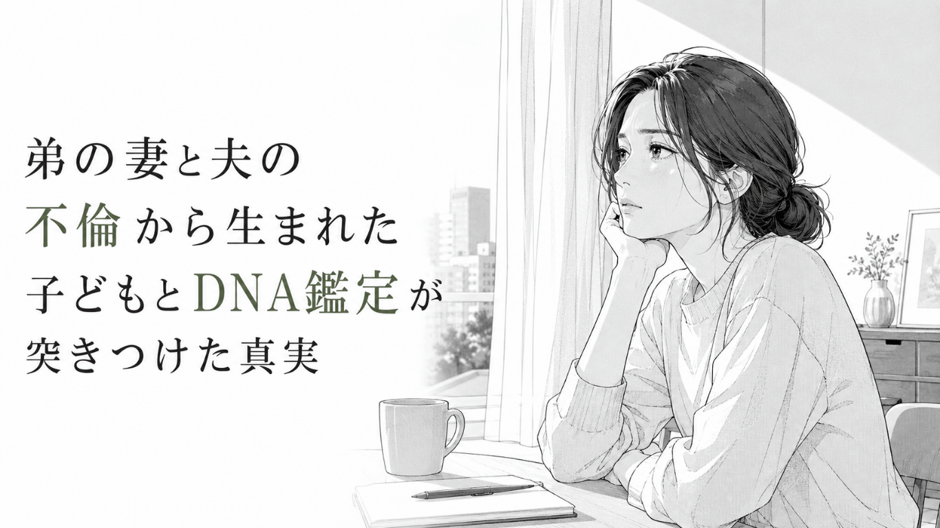 窓辺のテーブルで物思いに沈む女性を描いた、裏切りとDNA鑑定の真実を象徴するモノクロ漫画イラスト