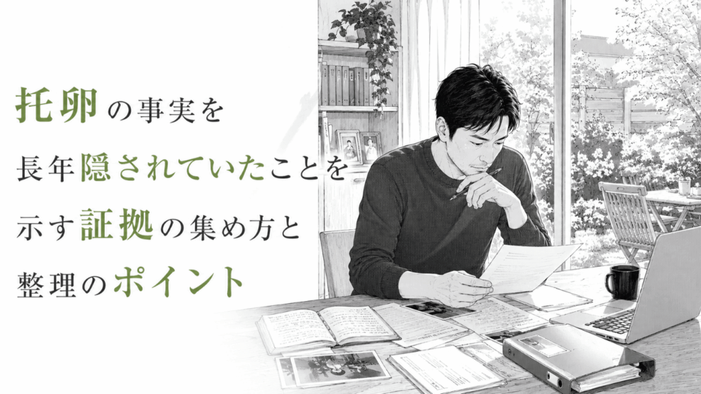 自宅の机で過去の資料や写真を確認する男性が、托卵を長年隠されていた証拠を時系列で整理する様子。