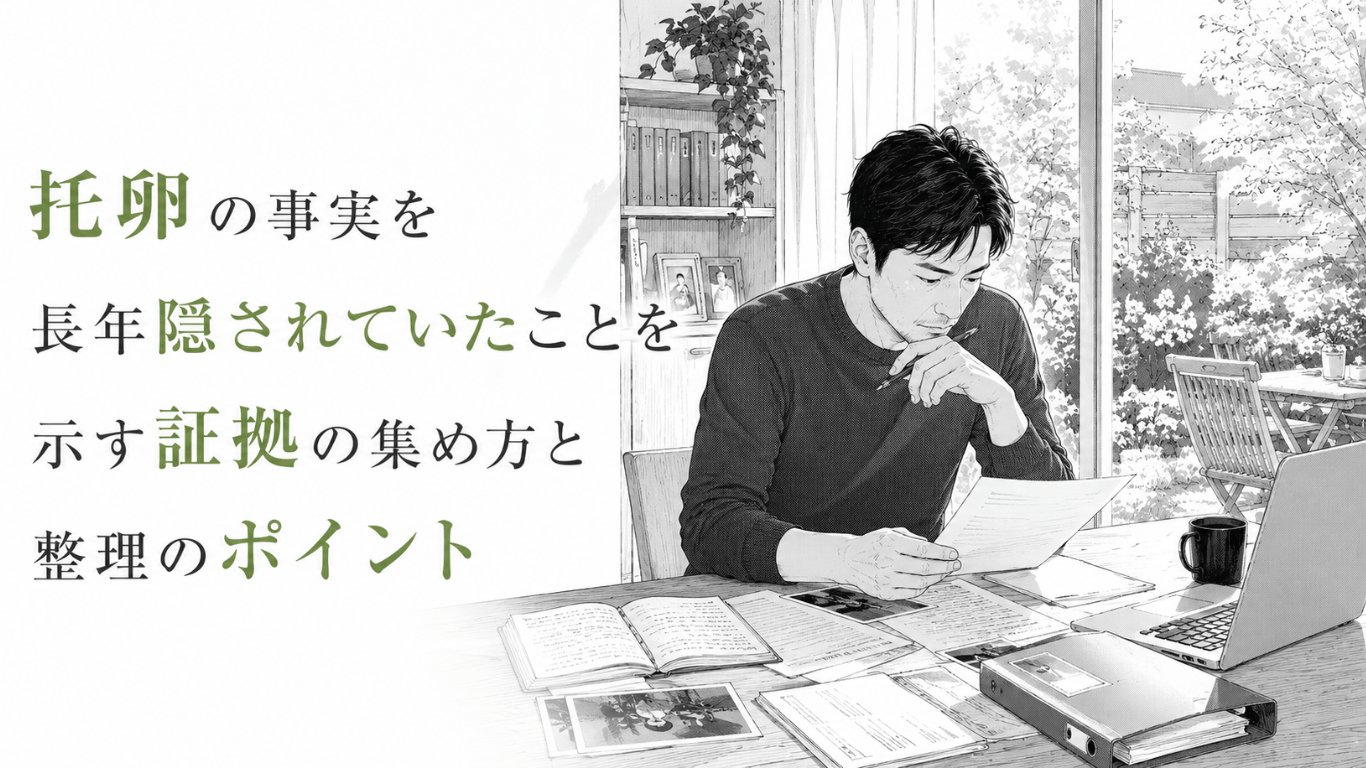 自宅の机で過去の資料や写真を確認する男性が、托卵を長年隠されていた証拠を時系列で整理する様子。