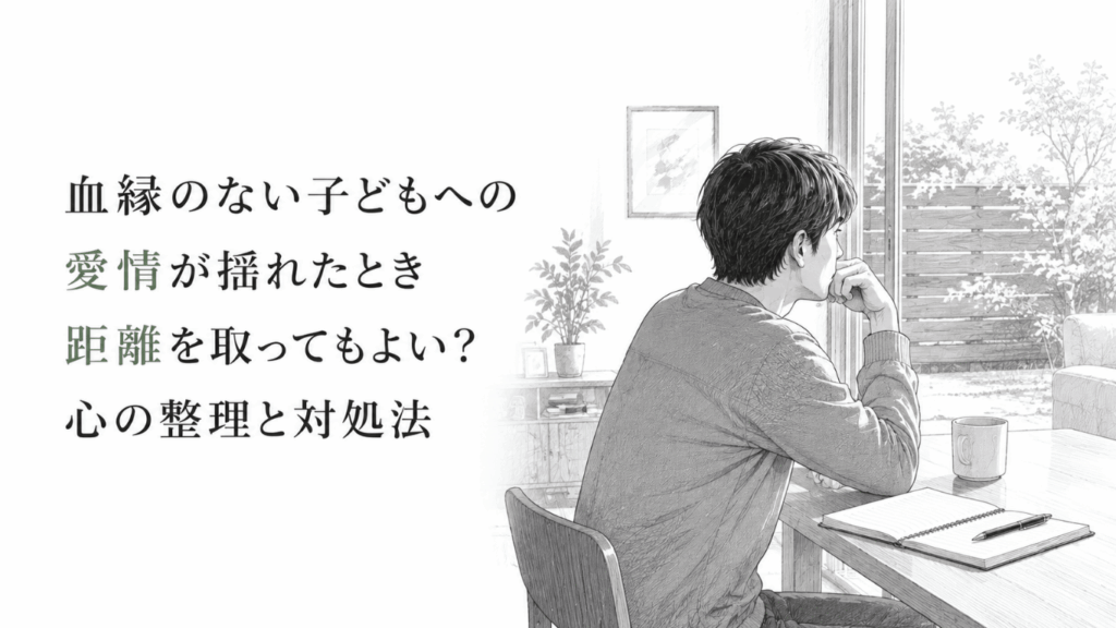 窓辺のテーブルで一人考え込み、血縁のない子どもとの距離や今後の関係に葛藤する男性のモノクロ線画。