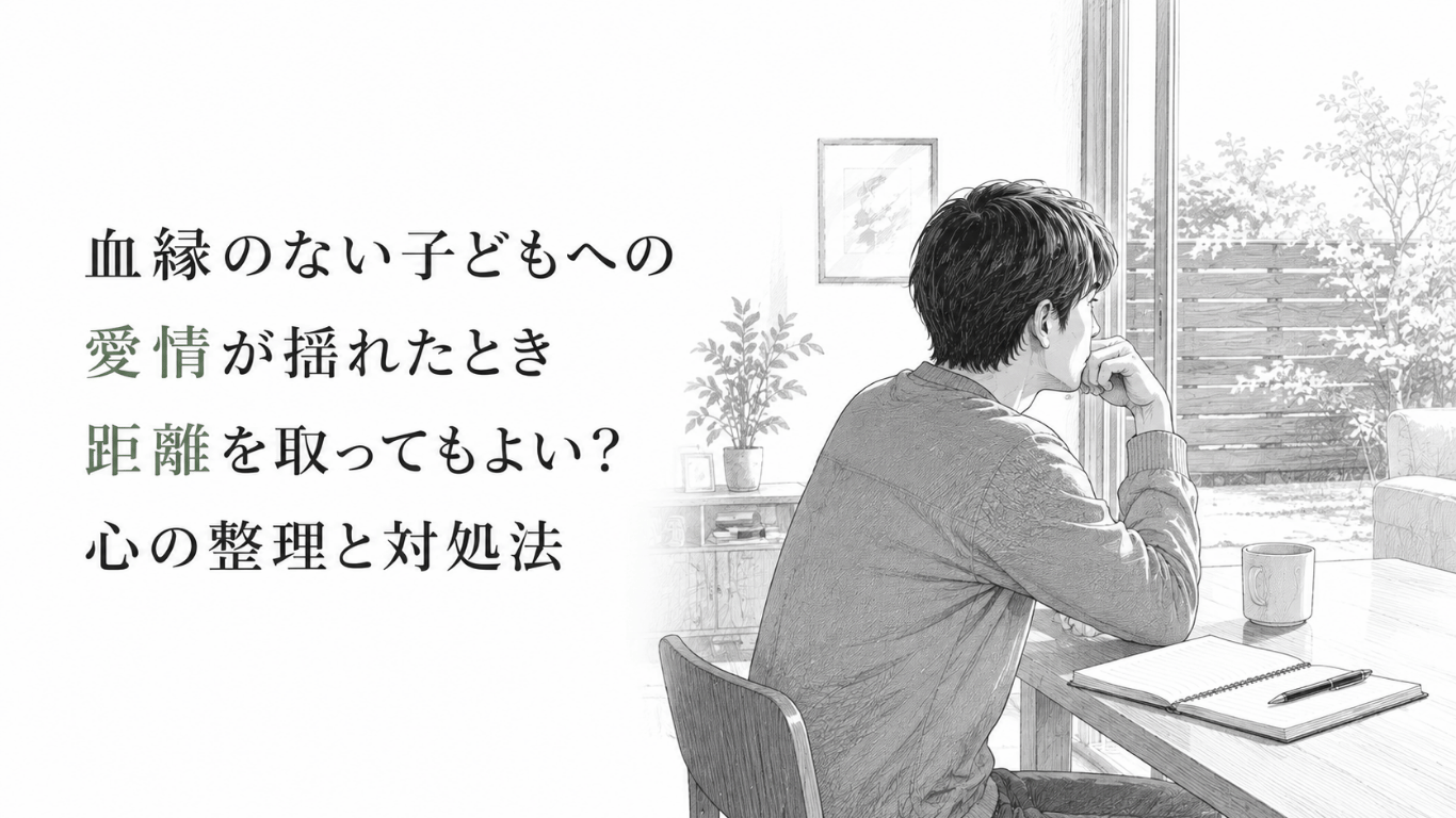 窓辺のテーブルで一人考え込み、血縁のない子どもとの距離や今後の関係に葛藤する男性のモノクロ線画。