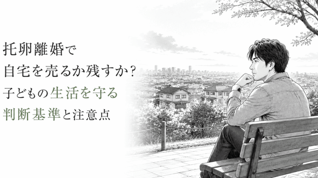 住宅街を望む屋外のベンチで、自宅を売るか残すか静かに考え込む男性の姿。