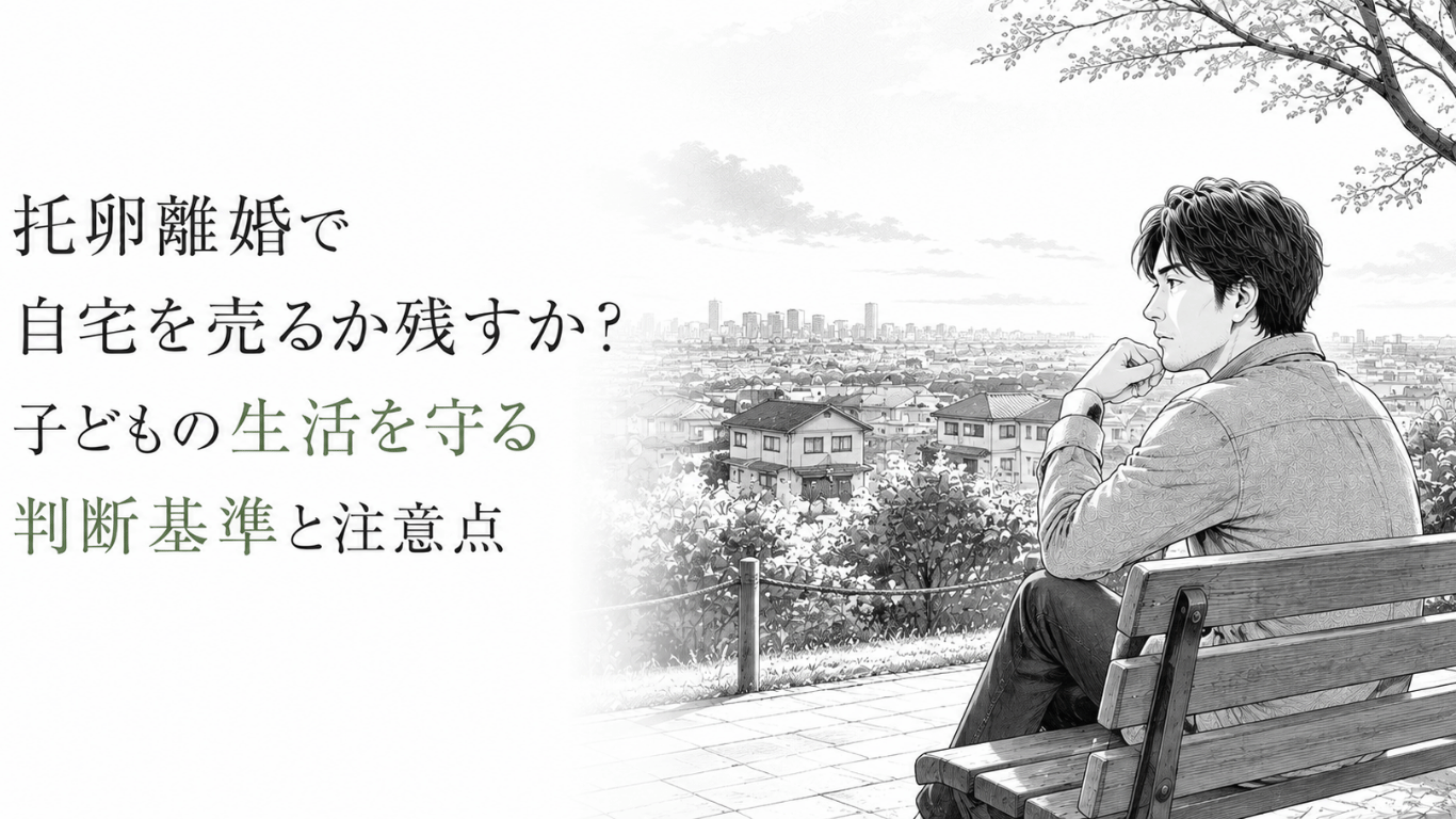 住宅街を望む屋外のベンチで、自宅を売るか残すか静かに考え込む男性の姿。