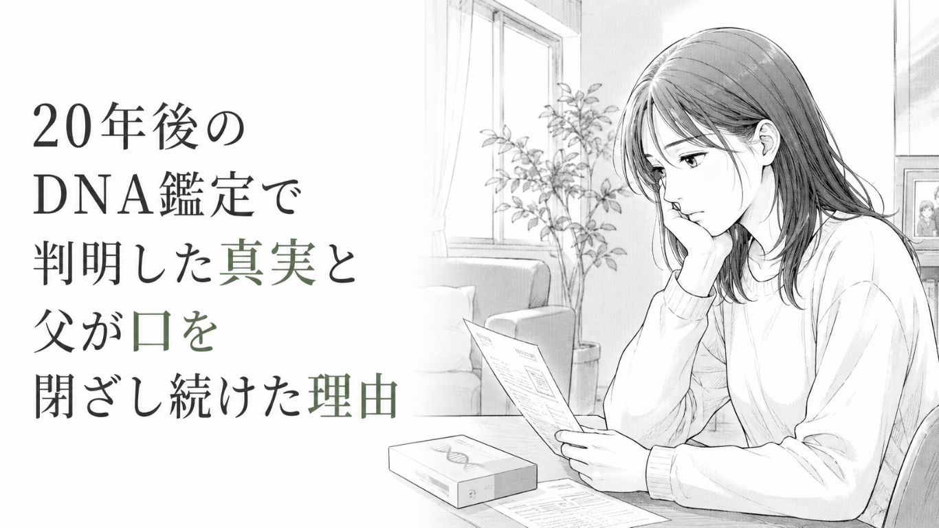 DNA鑑定結果を見つめる娘が、血縁を超えた父との絆と家族の真実に静かに向き合う場面