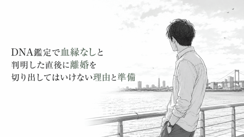 DNA鑑定で血縁がないと知り、海辺の手すり越しに遠くを見つめながら今後を考える男性の姿