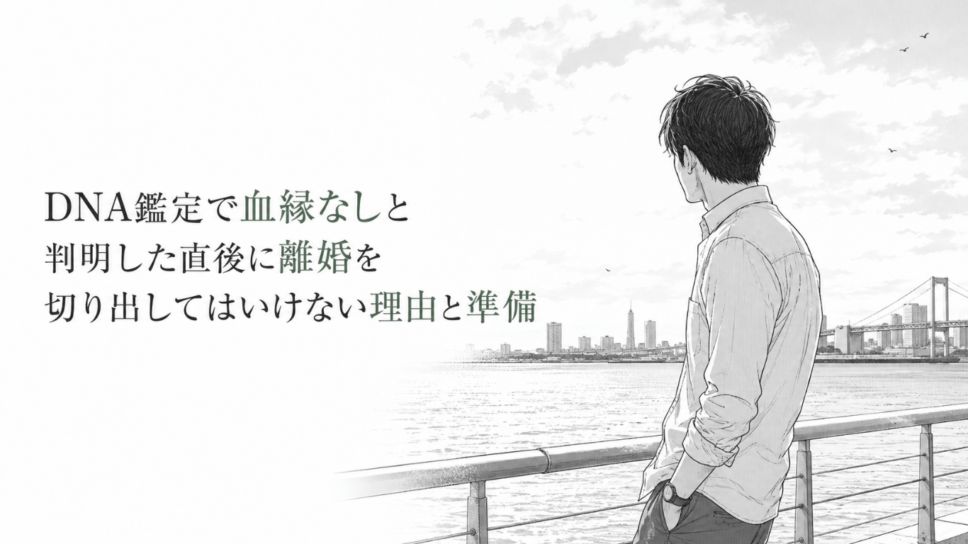 DNA鑑定で血縁がないと知り、海辺の手すり越しに遠くを見つめながら今後を考える男性の姿