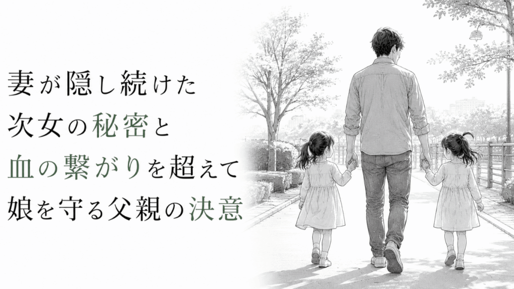 公園の遊歩道を二人の娘と手をつないで歩く父親の後ろ姿を描いた、静かな決意を感じるモノクロ線画。