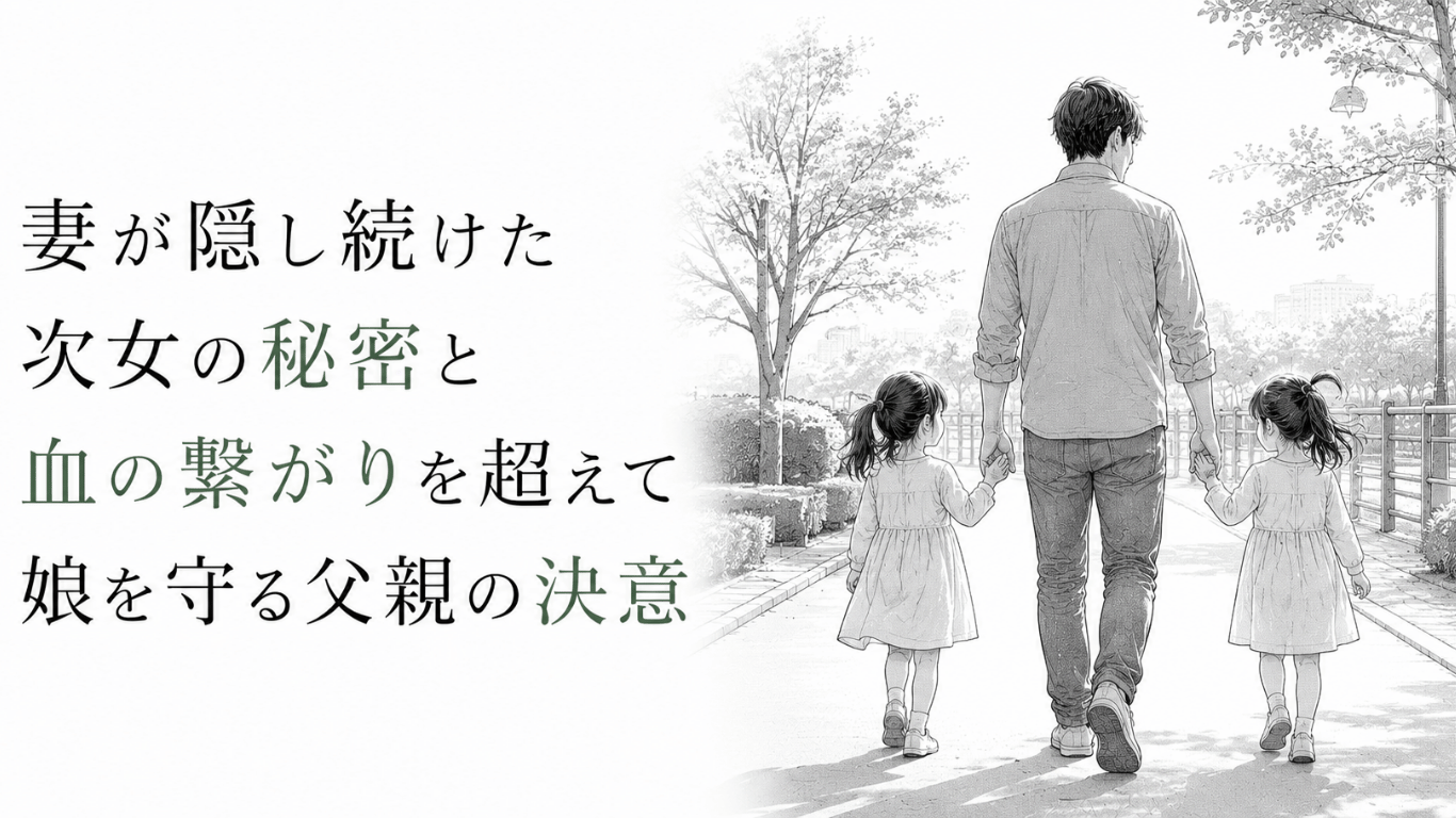 公園の遊歩道を二人の娘と手をつないで歩く父親の後ろ姿を描いた、静かな決意を感じるモノクロ線画。