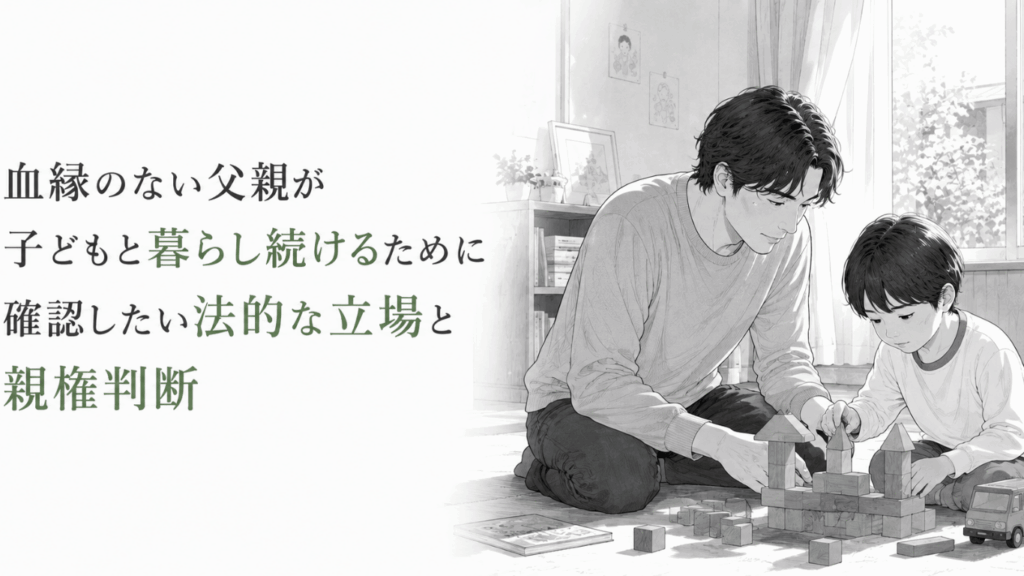 血縁のない父親が子どもと暮らし続ける将来を考え、室内で一緒に積み木遊びをする親子のモノクロ漫画イラスト