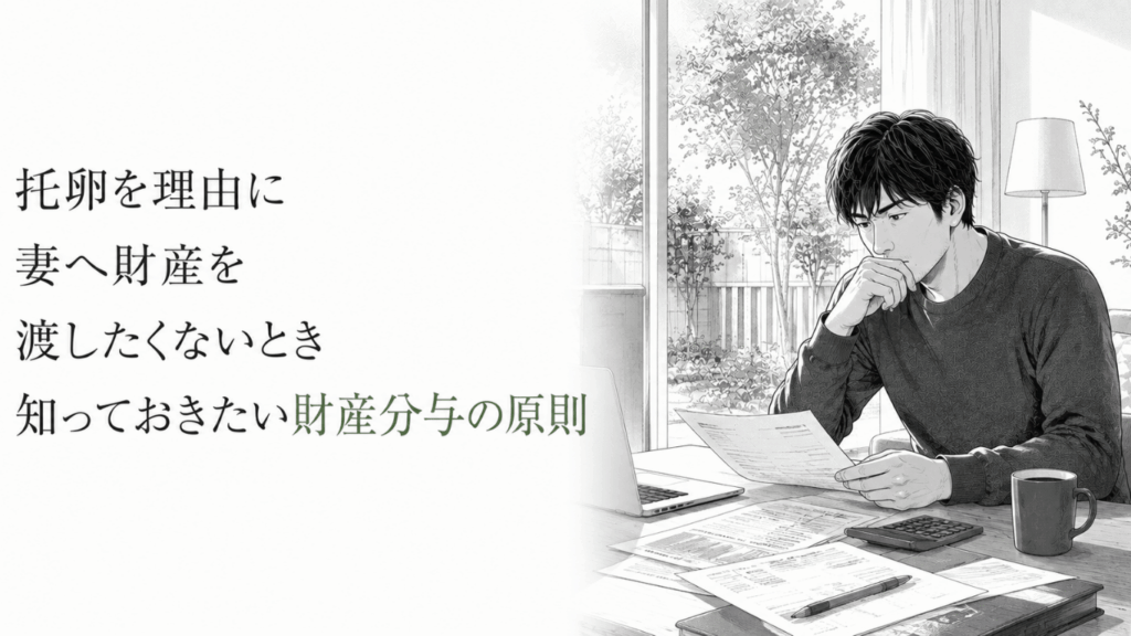 自宅のテーブルで財産関係の書類を確認しながら、妻への財産分与について考え込む男性。