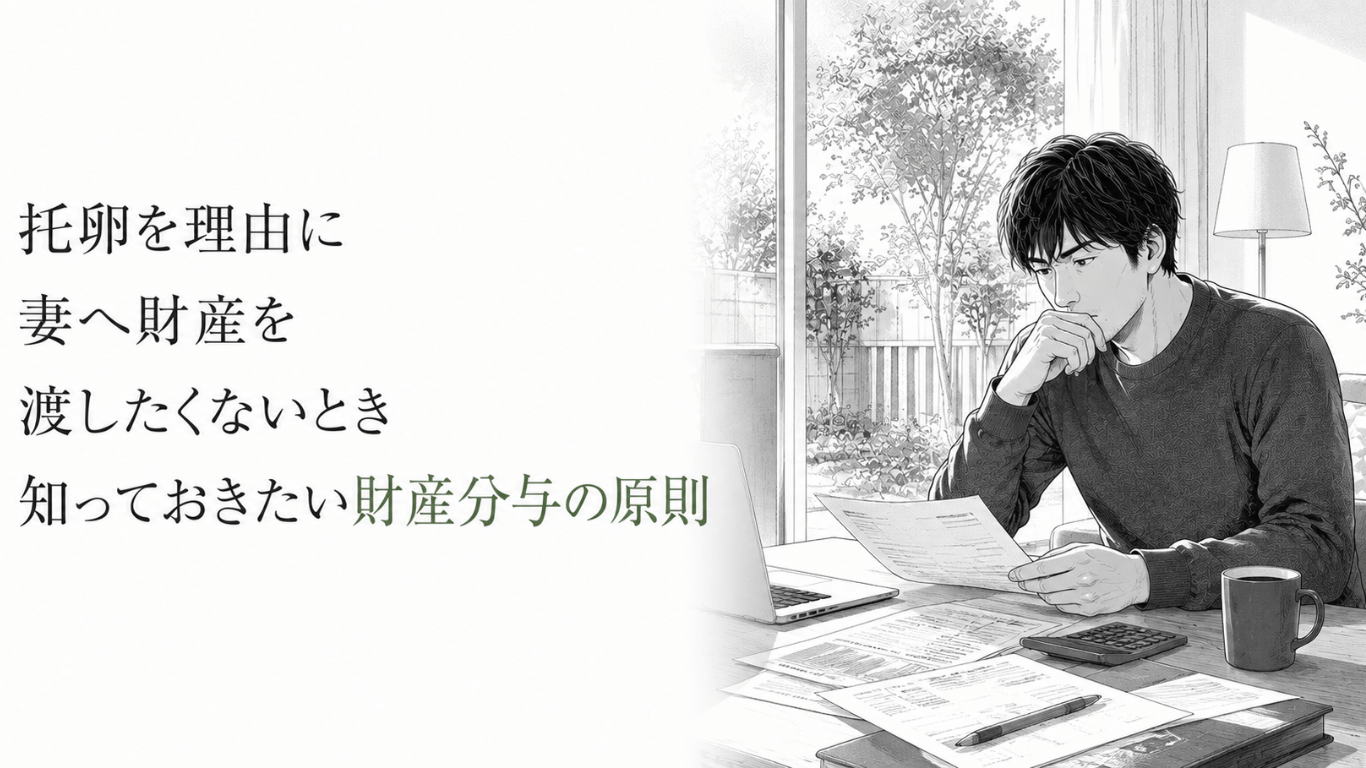 自宅のテーブルで財産関係の書類を確認しながら、妻への財産分与について考え込む男性。